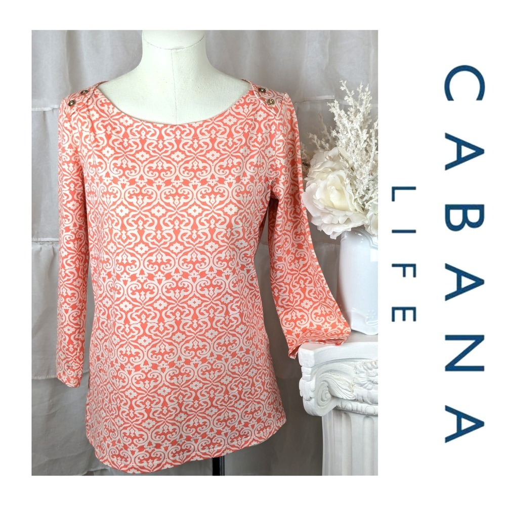 CABANA LIFE Rashguard Orange White 3/4 Sleeve Boat Neck Top Size L